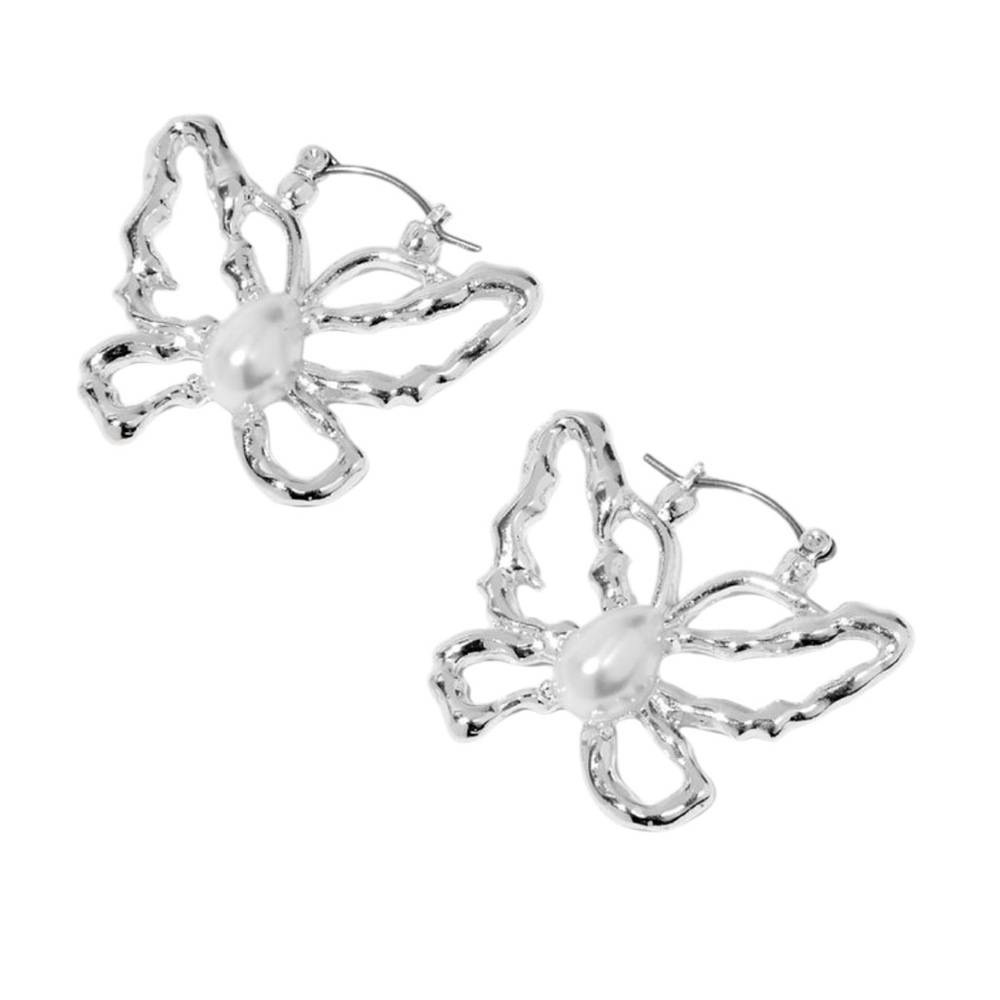 Silver-tone Pearl Butterfly Hoop Earrings - Picture 1 of 2